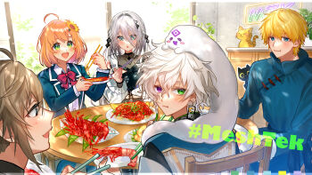 2girls 3boys :o :t absurdres ahoge animal animal_on_head black_cat black_shirt blue_eyes blue_jacket bow bowtie brown_hair cat chair changpao chest_of_drawers chinese_clothes chopsticks commentary_request earrings ex_albio ex_albio_(3rd_costume) flower green_eyes grey_hair hair_between_eyes hair_flower hair_ornament hanafuda_earrings hashtag heterochromia highres holding holding_chopsticks holding_plate honma_himawari honma_himawari_(1st_costume) indoors jacket japanese_clothes jewelry kanae_(nijisanji) kariginu looking_at_viewer looking_back matochi_(fa) multiple_boys multiple_girls murakumo_kagetsu murakumo_kagetsu_(1st_costume) nijisanji on_head open_mouth orange_hair plate purple_eyes red_bow red_bowtie shirt short_hair shrimp single_earring smile sophia_valentine sophia_valentine_(1st_costume) sunflower sunflower_hair_ornament table upper_body virtual_youtuber white_hair white_shirt window