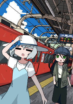 2girls =_= absurdres black_hair black_skirt blue_dress blue_ribbon closed_eyes cloud day dress dutch_angle emesan_desu green_eyes grey_hair grey_hat grey_jacket hand_on_headwear hat hat_ribbon highres jacket long_hair long_skirt multiple_girls open_clothes open_jacket open_mouth original outdoors ribbon shirt short_hair short_sleeves skirt sleeves_pushed_up standing train train_station train_station_platform white_hat white_shirt