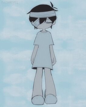 1boy animated animated_gif black_hair chibi chibi_only closed_eyes closed_mouth eyepatch hospital_gown male_focus medical_eyepatch omori short_hair short_sleeves slippers solo spoilers sunny_(omori) takawoyu