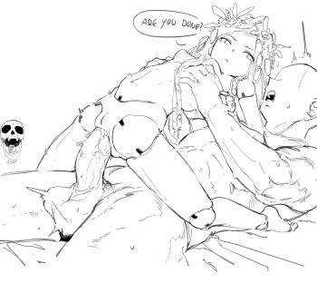 1boy 1girl agalmatophilia anal breasts cum doll doll_girl doll_joints ejaculation elden_ring elden_ring_nightreign emotionless_sex english_text erection faceless faceless_male girl_on_top greyscale head_wreath highres joints kida_eve looking_at_another monochrome penis pussy revenant_(elden_ring) sex simple_background sketch skull small_breasts speech_bubble surprised testicles torso_grab vaginal white_background