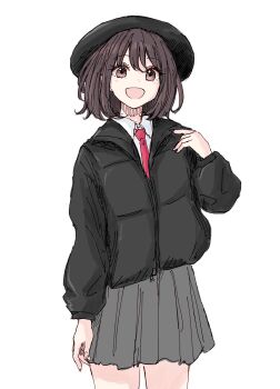 1girl :d black_eyes black_hair black_jacket black_nails blush collared_shirt commentary grey_skirt highres jacket kashiwada_kiiho long_sleeves necktie open_mouth partially_unzipped red_necktie shirt short_hair simple_background skirt smile solo standing touhou usami_renko white_background white_shirt