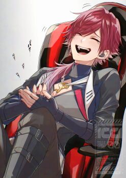 1boy absurdres black_gloves chair clapping cleavage_cutout closed_eyes clothing_cutout commentary_request fingerless_gloves furrowed_brow gaming_chair gloves hair_between_eyes highres icci_1 jewelry key key_necklace laughing lauren_iroas lauren_iroas_(1st_costume) long_hair long_sleeves male_focus necklace nijisanji open_mouth pants pants_tucked_in ponytail red_hair side_ponytail sitting solo swivel_chair tearing_up teeth tongue upper_teeth_only virtual_youtuber white_background