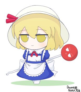 Rule 34 | 1girl, apron, arms behind back, back bow, blonde hair, blue dress, bow, bowtie, check commentary, collared shirt, commentary request, dated, dounaga nuko, dress, frilled apron, frills, full body, fumo (doll), hair between eyes, hat, hat ribbon, holding, holding road sign, kana anaberal, red ribbon, ribbon, road sign, shirt, sign, signature, simple background, smile, solo, standing, sun hat, touhou, touhou (pc-98), white apron, white background, white hat
