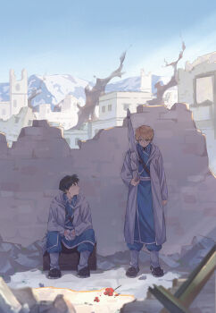 1boy 1girl absurdres aged_down amestris_military_uniform arm_at_side backlighting belt black_eyes black_footwear black_hair blonde_hair blue_jacket blue_pants blue_sky blurry boots box brick_wall broken broken_wall brown_belt building city clenched_hand closed_mouth cloth collared_jacket day depth_of_field dirty dirty_clothes dirty_face earrings facing_away facing_viewer flower frown fullmetal_alchemist furrowed_brow gloves gun highres holding holding_gun holding_weapon horizon house jacket jewelry light_particles light_rays looking_afar looking_at_another looking_up magic_circle military military_jacket military_uniform mountainous_horizon muted_color on_box outdoors own_hands_clasped own_hands_together pants pants_tucked_in parted_lips petals profile rafters red_flower rifle riza_hawkeye robe roy_mustang rubble ruins sad shade short_hair side-by-side sitting sitting_on_box sky smoke standing steel-toe_boots stone_floor stud_earrings sunlight swept_bangs very_short_hair wall weapon white_gloves wide_shot window wooden_box xu_he_(xuhexiuxiuxiu)