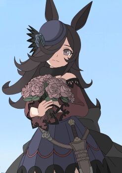 1girl absurdres animal_ears bare_shoulders blue_background blue_dress blue_flower blue_hat blue_rose bouquet brown_eyes brown_hair closed_mouth dagger dress fascinator flipped_hair flower fur_choker hair_over_one_eye hat hat_flower highres holding holding_bouquet holding_flower horse_ears horse_girl horse_tail knife long_hair long_sleeves looking_at_viewer off-shoulder_dress off_shoulder rice_shower_(rosy_dreams)_(umamusume) rice_shower_(umamusume) rose sheath sheathed simple_background smile solo tail tbf_(torigoya) tilted_headwear umamusume weapon