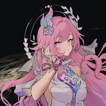 1girl artist_name bare_shoulders beach breasts bunnyoki commentary cyrene_(demiurge)_(honkai:_star_rail) cyrene_(honkai:_star_rail) diamond-shaped_pupils diamond_(shape) dress earrings english_commentary flower hair_flower hair_ornament halo highres honkai:_star_rail honkai_(series) jewelry large_breasts long_hair looking_at_viewer night ocean pink_hair pointy_ears purple_eyes smile solo symbol-shaped_pupils upper_body very_long_hair white_dress