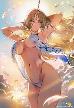 1girl arm_behind_head armpits arms_up blue_eyes blush breast_curtains breasts breasts_apart cloud cowboy_shot feathers fleurdelys_(wuthering_waves) floating_hair groin highres horns long_hair navel panties panty_straps parted_bangs parted_lips pixeldrift88 pointy_ears single_horn sky smile solo standing sweat thong twitter_username underwear white_panties wuthering_waves