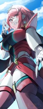 1girl absurdres armor artist_logo black_gloves blue_sky breasts cloud cloudy_sky colored_inner_hair covered_erect_nipples day earrings eyelashes fingerless_gloves from_below gloves hand_up highleg highleg_panties highres holding impossible_clothes jewelry large_breasts logo looking_at_viewer medium_hair micro_shorts multicolored_hair nintendo panties pink_hair pyra_(xenoblade) red_eyes red_hair shadow shorts shoulder_armor sky slope_(check238) smash_invitation smile solo super_smash_bros. swept_bangs teeth thighhighs thighs twitter_username underwear xenoblade_chronicles_(series) xenoblade_chronicles_2