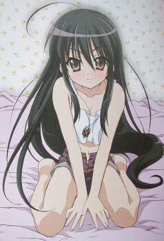 00s 1girl ahoge alastor_(shakugan_no_shana) arm_support bare_legs bare_shoulders barefoot bed black_hair blush brown_eyes casual collarbone crop_top exif_thumbnail_surprise female_focus fingernails flat_chest full_body hair_between_eyes indoors jewelry legs long_fingernails long_hair looking_at_viewer midriff navel necklace no_bra open_fly own_hands_together pendant shakugan_no_shana shana short_shorts shorts sitting smile solo spread_legs tank_top unbuttoned unzipped v_arms very_long_hair wall