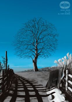 artist_name bare_tree blue_sky commentary_request day fence hayashi_rentaro highres no_humans original outdoors path road scenery sky tree watermark wooden_fence