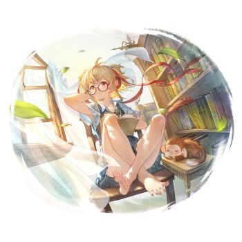 1girl ahoge alpha_transparency andira_(granblue_fantasy) animal_ears arm_up armpits barefoot bespectacled blonde_hair blush book bookshelf chair curtains day erune feet full_body glasses granblue_fantasy holding holding_book indoors leaf long_hair minaba_hideo monkey monkey_ears monkey_girl monkey_tail official_art red_eyes school_uniform semi-rimless_eyewear short_hair short_sleeves sitting skirt spread_toes tail toes transparent_background two_side_up under-rim_eyewear window