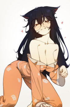 1girl absurdres all_fours animal_ears animal_print bakemonogatari bare_shoulders barefoot black_hair breasts brown_eyes cat_ears cat_girl cat_print cleavage closed_mouth collarbone commentary deko_morii english_commentary glasses hair_between_eyes hanekawa_tsubasa heart highres large_breasts long_hair looking_at_viewer monogatari_(series) off_shoulder orange_pajamas pajamas paw_pose print_pajamas smile solo very_long_hair