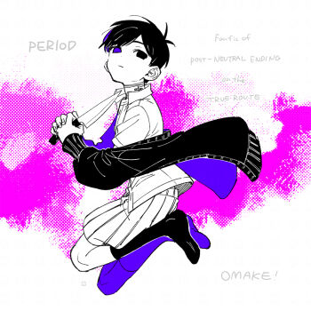 1boy alternate_costume alternate_universe antenna_hair black_cardigan black_eyes black_hair black_socks cardigan cardigan_partially_removed closed_mouth collared_shirt colored_skin commentary_request dot_nose empty_eyes english_text expressionless fingernails from_side full_body hair_behind_ear heterochromia holding holding_knife jumping kneehighs knife looking_at_viewer looking_back male_focus no_pupils no_shoes omori open_cardigan open_clothes pink_background pinstripe_shorts purple_cardigan purple_eyes purple_socks shirt short_hair shorts simple_background socks solo sunny_(omori) swept_bangs toastytoast two-handed two-sided_fabric two-tone_background very_short_hair white_background white_shirt white_shorts white_skin