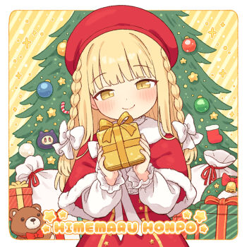 1girl blonde_hair blush box braid capelet christmas christmas_tree commentary_request gift gift_box hat long_hair merry_christmas onyhakase original red_capelet smile solo stuffed_animal stuffed_toy teddy_bear yellow_eyes
