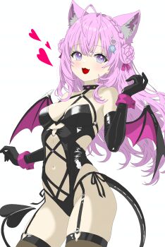 1girl :3 absurdres ahoge alternate_costume animal_ear_fluff animal_ears bare_shoulders black_choker braid breasts choker demon_tail demon_wings double_bun elbow_gloves fang gloves hair_bun hair_ornament hakui_koyori heart heart_choker heart_tail hexagon_hair_ornament highres hololive holox leather leather_gloves leather_strap light_blush long_hair looking_at_viewer momorin navel open_mouth pantyhose pink_hair purple_eyes simple_background solo tail virtual_youtuber wings wolf_ears wolf_girl