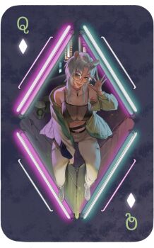 1girl absurdres adjusting_eyewear animal_ear_fluff animal_ears belt bikini black_belt breasts choker cleavage closed_mouth collarbone commentary_request cup dia_(flex_frontline) disposable_coffee_cup disposable_cup full_body glasses green_eyes green_jacket grey_hair highres jacket large_breasts long_hair long_sleeves looking_at_viewer multiple_belts naspibon_ox navel open_clothes open_jacket original pink_choker playing_card queen queen_(playing_card) queen_of_diamonds round_eyewear second-party_source shoes sitting smile sneakers solo swimsuit tongue tongue_out white_shoes