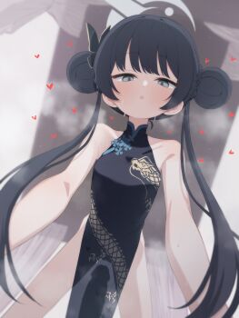 1girl absurdres black_dress black_hair blue_archive breasts china_dress chinese_clothes commentary_request double_bun dragon_print dress grey_eyes hair_bun halo heart hetero highres imminent_penetration kisaki_(blue_archive) long_hair looking_at_viewer partial_commentary pelvic_curtain penis pov silhouette small_breasts solo take_mawile twintails