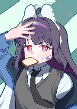 1girl absurdres black_hair blue_archive blush bread food halo highres long_hair long_sleeves looking_at_viewer miyu_(blue_archive) necktie psja9905 red_eyes school_uniform shirt simple_background solo upper_body