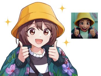 1girl :d black_sweater blue_jacket brown_eyes brown_hair commentary cosplay double-parted_bangs double_thumbs_up emirichu_(character) english_commentary floral_print_jacket hair_between_eyes hands_up hat highres jacket kpop_demon_hunters long_hair long_sleeves looking_ahead open_clothes open_jacket open_mouth portrait puffy_long_sleeves puffy_sleeves real_life reference_inset sachihiro screenshot_inset simple_background smile solo sparkle striped_clothes striped_sweater sweater thumbs_up tongue two-tone_sweater white_background white_sweater yellow_hat zoey_(kpop_demon_hunters) zoey_(kpop_demon_hunters)_(cosplay)