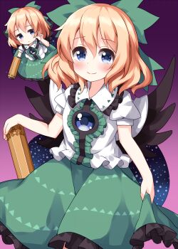 Rule 34 | 1girl, :|, arm cannon, blonde hair, blue eyes, blush, bow, cape, center frills, closed mouth, collared shirt, commentary request, control rod (touhou), cosplay, feathered wings, frilled shirt collar, frilled skirt, frills, green bow, green skirt, hair between eyes, hair bow, highres, index finger raised, medicine melancholy, one-hour drawing challenge, puffy short sleeves, puffy sleeves, purple background, reiuji utsuho, reiuji utsuho (cosplay), ruu (tksymkw), shirt, short hair, short sleeves, simple background, skirt, smile, su-san, third eye, touhou, weapon, white cape, white shirt, wings