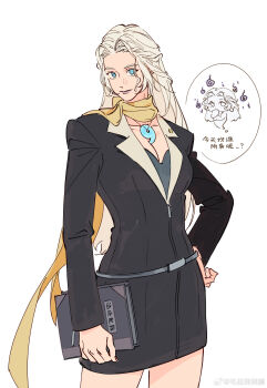 1girl absurdres ace_attorney alternate_costume black_jacket black_skirt blue_eyes book braid breasts cleavage contemporary cosplay cowboy_shot final_fantasy final_fantasy_xiv half_up_braid hand_on_own_hip highres holding holding_book jacket jewelry long_hair looking_at_viewer maotuiii mia_fey mia_fey_(cosplay) pendant scarf simple_background skirt solo standing venat_(ff14) white_background white_hair yellow_scarf