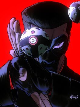 1boy black_gloves black_hair black_jacket bodysuit dark-skinned_male dark_skin dc_comics dc_universe_(franchise) fingerless_gloves gloves highres jacket kuroxcho looking_at_viewer male_focus mask mister_terrific multicolored_bodysuit multicolored_jacket orb outline red_outline short_hair solo superhero_costume superman_(2025) superman_(series)