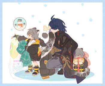 1girl 2boys ahoge animal_ears blade_(honkai:_star_rail) blue_hair caelus_(honkai:_star_rail) commentary_request earrings grey_hair honkai:_star_rail honkai_(series) jacket jewelry kemonomimi_mode long_hair multiple_boys okogemcya pants red_eyes scarf shoes snowman sparkling_eyes squatting stelle_(honkai:_star_rail) tail trailblazer_(honkai:_star_rail) watermark yellow_eyes