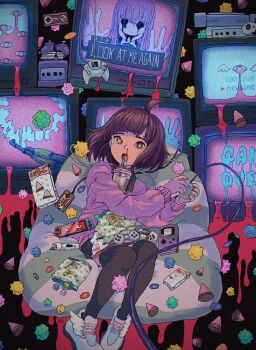 2girls absurdres ahoge ak-47 assault_rifle bean_bag_chair black_eyes blood brown_eyes brown_hair bubble_tea candy commission controller crazy_smile cup disposable_cup dreamcast_controller food full_body game_boy game_console game_controller game_over gamecube gamecube_controller gun handheld_game_console heart heart-shaped_pupils highres holding holding_controller holding_game_controller hollow_eyes horror_(theme) indoors kalashnikov_rifle konpeitou long_sleeves medium_hair mole mole_under_eye multiple_girls nintendo_switch nosebleed open_mouth original pink_hair pink_sweater playing_games rifle shoes sitting skirt smile sneakers solo_focus static sweater symbol-shaped_pupils television thighhighs ttanne video_game weapon white_shoes