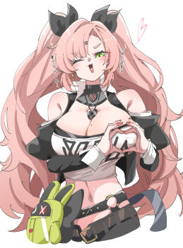 1girl absurdres amillion_(zenless_zone_zero) bangboo_(zenless_zone_zero) bare_shoulders black_ribbon breasts caseee999 cleavage clothing_cutout commentary_request covered_erect_nipples cropped_torso cutoffs duplicate earrings green_eyes hair_ornament hairclip heart heart-shaped_boob_challenge heart_earrings heart_necklace highres jewelry large_breasts long_hair looking_at_viewer midriff mole mole_on_breast navel necklace nicole_demara one_eye_closed open_mouth pink_hair pixel-perfect_duplicate ribbon short_eyebrows shoulder_cutout simple_background single_hair_intake solo strapless stuffed_toy thick_eyebrows tube_top two_side_up upper_body white_background white_tube_top zenless_zone_zero