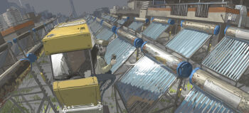 1girl absurdres black_hair black_pants blunt_bangs building err03 face_shield grey_sky headgear highres holding impasto jacket long_hair motor_vehicle original outdoors pants railing reflection scenery science_fiction sitting sky solar_panel wide_shot windshield
