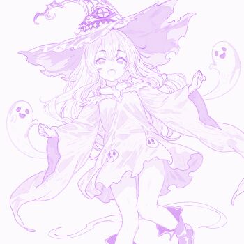 1girl absurdres arm_at_side boots daria_(shingeki_no_bahamut) ghost halloween halloween_costume hat highres jewelry monochrome necklace open_mouth shingeki_no_bahamut smile witch witch_hat