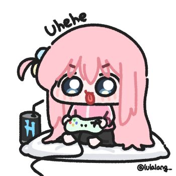 1girl blue_eyes bocchi_the_rock! can chibi controller drink_can gotoh_hitori highres jacket lulalang pillow pink_hair playing_games sitting skirt soda_can tongue tongue_out