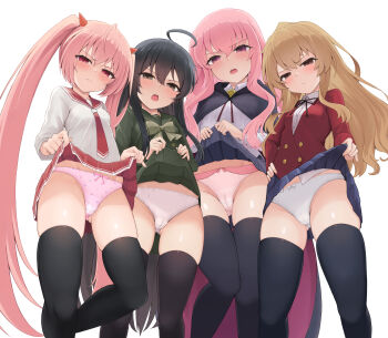 4girls absurdres ahoge aisaka_taiga black_cape black_hair black_ribbon black_thighhighs blonde_hair blue_skirt bow bow_panties bowtie brown_eyes cameltoe cape closed_mouth clothes_lift collared_shirt crotch_seam dress_shirt from_below frown green_bow green_bowtie green_sailor_collar green_shirt green_skirt grey_skirt hair_between_eyes half-closed_eyes hidan_no_aria highres horns kanzaki_h._aria kugimiya_rie loli long_hair long_sleeves looking_at_viewer louise_francoise_le_blanc_de_la_valliere miniskirt misaki_high_school_uniform multiple_girls neck_ribbon neckerchief oohashi_high_school_uniform open_mouth panties pink_hair pink_panties pleated_skirt print_panties red_eyes red_neckerchief red_sailor_collar red_skirt ribbon sailor_collar sailor_shirt school_uniform shakugan_no_shana shana shirt simple_background skirt skirt_lift standing temari_rin thighhighs toradora! tsundere twintails underwear very_long_hair voice_actor_connection white_background white_panties white_shirt wing_collar zero_no_tsukaima