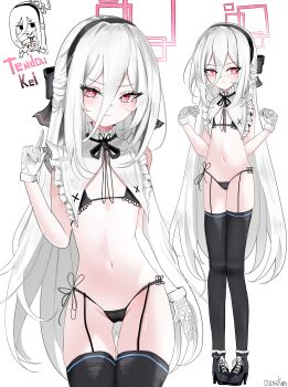 1girl absurdres alternate_costume black_bow black_bra black_hairband black_panties black_thighhighs blue_archive boots bow bowtie bra breasts capelet character_name cowboy_shot flat_chest frills full_body gloves hair_between_eyes hairband halo heart high_heel_boots high_heels highres kei_(blue_archive) lace_trim lingerie loli long_hair ougiikun panties red_eyes red_halo simple_background solo standing stomach thighhighs underwear white_background white_capelet white_gloves white_hair