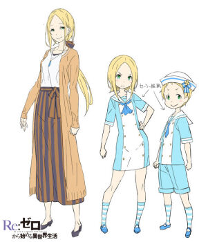 1boy 2girls :< black_shoes blue_neckerchief blue_necktie blue_serafuku blue_shoes blue_shorts breasts brown_sweater child clenched_hands closed_mouth collarbone commentary_request copyright_logo dress flat_chest fred_thompson full_body green_eyes hand_on_own_hip hat high_heels logo long_hair long_skirt long_sleeves low_ponytail medium_breasts multiple_girls neckerchief necktie official_art ootsuka_shin'ichirou parted_bangs ponytail rafiel_thompson re:zero_kara_hajimeru_isekai_seikatsu reala_thompson sailor_collar sailor_dress school_uniform serafuku shirt shoes short_dress short_hair short_sleeves shorts side-by-side simple_background sketch skirt smile socks striped_clothes striped_skirt striped_socks sweater tachi-e v-shaped_eyebrows white_background white_shirt