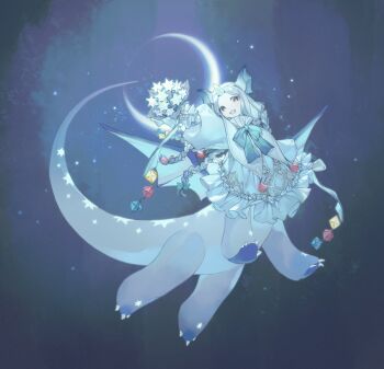 Rule 34 | 1girl, animal ears, blue background, blue dress, blue eyes, blue hair, blue theme, bouquet, braid, centauroid, commentary request, crescent moon, dragon ears, dragon girl, dragon wings, dress, flower, flying, full body, highres, holding, holding bouquet, horns, hoshi rousoku, long hair, looking at viewer, monster girl, moon, multiple braids, original, single horn, solo, tail, taur, very long hair, wings