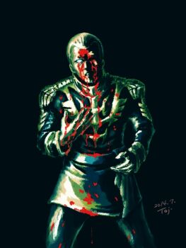 1boy 2014 ayk-rs401i blank_eyes bleeding blood blood_from_forehead blood_on_clothes blood_on_face blood_on_hands commentary_request cowboy_shot dated gihren_zabi gloves green_theme gundam gunshot_wound hands_up headshot looking_at_viewer male_focus military_uniform mobile_suit_gundam monochrome parted_lips short_hair spot_color