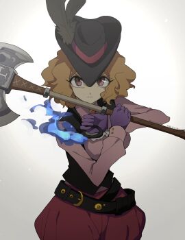 1girl ascot axe belt belt_buckle black_hat black_vest blue_fire brown_eyes brown_hair buckle closed_mouth cowboy_shot fighting_stance fire fluffy_hair gloves gradient_background hat hat_feather highres holding holding_axe long_sleeves looking_at_viewer loose_belt medium_hair noir_(persona_5) okumura_haru persona persona_5 pink_shirt purple_gloves shirt shorts solo vest vyyvyyxyy white_ascot