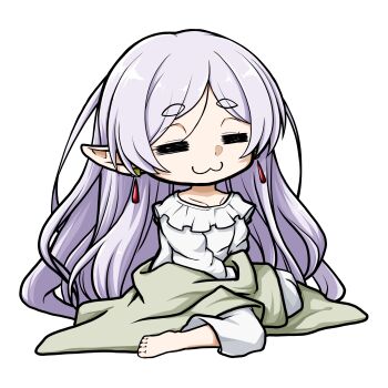 1girl :3 =_= barefoot chibi closed_eyes closed_mouth collarbone commentary dress earrings elf facing_viewer frieren frilled_dress frills full_body grey_hair highres jewelry kuena long_hair parted_bangs pointy_ears short_eyebrows simple_background sitting solo sousou_no_frieren teardrop_earrings thick_eyebrows very_long_hair white_background white_dress