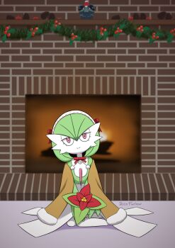 1girl :> artist_name bob_cut bow bowtie brick_wall bright_pupils brown_cloak cloak closed_mouth clothed_pokemon colored_skin detached_collar female_focus fireplace flat_chest flower full_body fur-trimmed_cloak fur_trim gardevoir gen_2_pokemon gen_3_pokemon green_hair green_skin hair_between_eyes hair_bow hairband half-closed_eyes happy holding holding_flower holly indoors looking_at_viewer mega_stone multicolored_skin nintendo on_floor pineco pinecone pokemon pokemon_(creature) red_bow red_bowtie red_eyes red_flower ricofurlow short_hair signature sitting smile solo_focus split_mouth two-tone_skin white_hairband white_pupils white_skin yokozuwari
