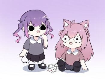 2girls :d ace_(playing_card) ace_of_hearts ace_of_spades animal_ear_fluff animal_ears black_shoes black_skirt braid brown_shirt card chibi collared_shirt commentary_request demon_tail fang fong_(fongthe0125) gradient_background grey_shirt hair_between_eyes hair_bun hakui_koyori hand_up heart highres hololive long_hair loose_socks multicolored_hair multiple_girls open_mouth pink_background pink_hair playing_card pleated_skirt polo_shirt purple_hair ribbed_socks shadow shirt shoe_soles shoes short_sleeves single_side_bun sitting skirt smile socks spade_(shape) standing streaked_hair tail tokoyami_towa twintails very_long_hair virtual_youtuber wavy_eyes wavy_mouth white_background white_socks
