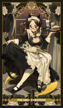 1girl ahoge animal animal_ear_hairband animal_ears animal_on_lap apron artist_logo bell black_border black_choker black_dress black_eyes black_flower black_ribbon black_rose black_shoes border bow breasts brown_hair cake cake_slice card_(medium) cat cat_cutout cat_ear_hairband cat_ears cat_on_lap chair checkered_floor choker cleavage closed_mouth clothing_cutout commentary copyright_name crescent cropped cup curtains curtsey disposable_cup dress english_commentary fake_animal_ears flower food full_body glasses hair_bow hairband hands_up highres holding holding_plate ice_cream juliet_sleeves large_breasts leaf logo long_sleeves looking_at_viewer looking_over_eyewear maid maid_apron maid_headdress neck_bell olverse on_chair on_lap original pantyhose plate poch4n puffy_sleeves ribbon rose scissors semi-rimless_eyewear shadow shoes solo tarot tarot_(medium) the_high_priestess_(tarot) thick_eyebrows timid_office_lady_(poch4n) twintails white_apron white_flower white_pantyhose white_rose wooden_chair yellow_border
