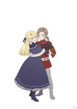 1boy 1girl aged_down blonde_hair blue_boots blue_dress blue_ribbon boots brown_hair child commentary_request dimitri_alexandre_blaiddyd dimitri_alexandre_blaiddyd_(young) dress edelgard_von_hresvelg edelgard_von_hresvelg_(young) fire_emblem fire_emblem:_three_houses full_body fur-trimmed_dress fur_trim genderswap genderswap_(ftm) genderswap_(mtf) hair_ribbon highres long_hair nintendo r_d9y ribbon simple_background standing white_background
