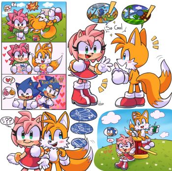 amy_rose blonde_hair blue_eyes blue_fur blue_hair blueprint_(object) boots bracelet classic_amy_rose classic_sonic classic_tails drawing_(object) dress fan fox friends glass gloves green_eyes green_hill_zone hairband hammer hedgehog highres jewelry pencil pink_fur pink_hair sega shoes sitting socks sonic_(series) sonic_cd sonic_the_hedgehog sonic_the_hedgehog_(classic) sonic_the_hedgehog_1 sonic_the_hedgehog_2 spiked_hair super_sonic tails_(sonic) toy_hammer yellow_fur