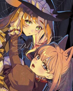 2girls animal_ears blush breasts brown_hair commentary_request diana_(akutsuka) dress genkai_ol-san_wa_akuyaku_reijou-sama_ni_tsukaetai halloween_costume holding long_hair long_sleeves looking_at_viewer multiple_girls natori_midori open_mouth ribbon sample_watermark shinonome_neko-tarou signature watermark werewolf_costume witch yuri