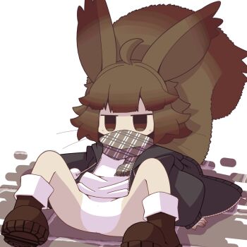 1girl ahoge animal_ears black_jacket body_fur bottomless brown_eyes brown_hair brown_scarf brown_shoes covered_mouth crepix drawstring female_focus flat_chest furry furry_female gradient_hair hair_flaps half-closed_eyes hood hood_down hooded_jacket jacket jitome knees_up large_tail loli long_sleeves looking_afar lying matching_hair/eyes multicolored_hair no_pussy on_back open_clothes open_jacket original oversized_clothes oversized_jacket plaid_clothes plaid_scarf pom_pom_(clothes) scarf shirt shoes short_hair socks solo spread_legs squirrel_ears squirrel_girl squirrel_tail tail tail_raised two-tone_fur whiskers white_fur white_shirt white_socks yellow_fur zipper