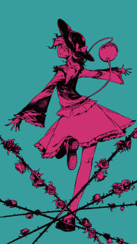 1girl absurdres blouse blue_background bow commentary criss-crossed_composition double-parted_bangs eyeball flat_color floating flower frilled_shirt frilled_shirt_collar frilled_skirt frilled_sleeves frills from_behind full_body hair_between_eyes hat hat_bow hat_ribbon head_tilt highres komeiji_koishi loafers long_sleeves looking_at_viewer looking_back low_block_heels medium_hair messy_hair miniskirt multiple_monochrome open_hands outstretched_hand plant red_flower red_rose ribbon rose running shirt shoes side_part sideways_glance skirt smile solo standing standing_on_one_leg stitched_eye string sun_hat symbol-only_commentary third_eye thorns touhou user_vnsg7377 vines wide_sleeves