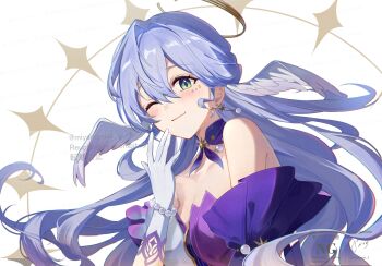 1girl ;) bare_shoulders blue_hair blush breasts cleavage closed_mouth commentary dress earrings feathered_wings gloves green_eyes hair_between_eyes head_wings highres honkai:_star_rail honkai_(series) jewelry long_hair looking_at_viewer miyanami_3 one_eye_closed purple_dress robin_(honkai:_star_rail) simple_background smile solo strapless strapless_dress twitter_username upper_body watermark white_background white_gloves white_wings wings