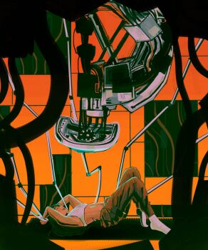 2girls black_hair bound bound_wrists chell chuucocat closed_eyes commentary english_commentary glados highres indoors interspecies long_hair lying midriff multiple_girls non-humanoid_robot on_back orange_pants pants portal_(series) robot sports_bra white_sports_bra yuri