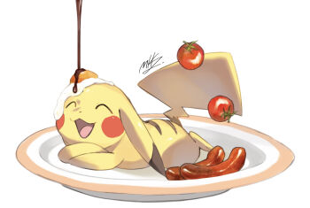 :3 ^_^ animal_focus artist_name blush_stickers cherry_tomato closed_eyes crossed_arms ears_down egg_(food) food food_focus food_on_head fried_egg full_body gen_1_pokemon happy highres in_food lying mik_(mikofficial) nintendo no_humans object_on_head on_stomach open_mouth pikachu plate pokemon pokemon_(creature) pouring sausage signature simple_background smile solo tomato white_background